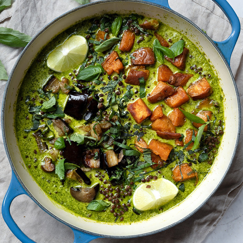 Aromatic Thai Green Curry Soup With Beluga Lentils, Tender Aubergine, Sweet Potato, Basil & Lime