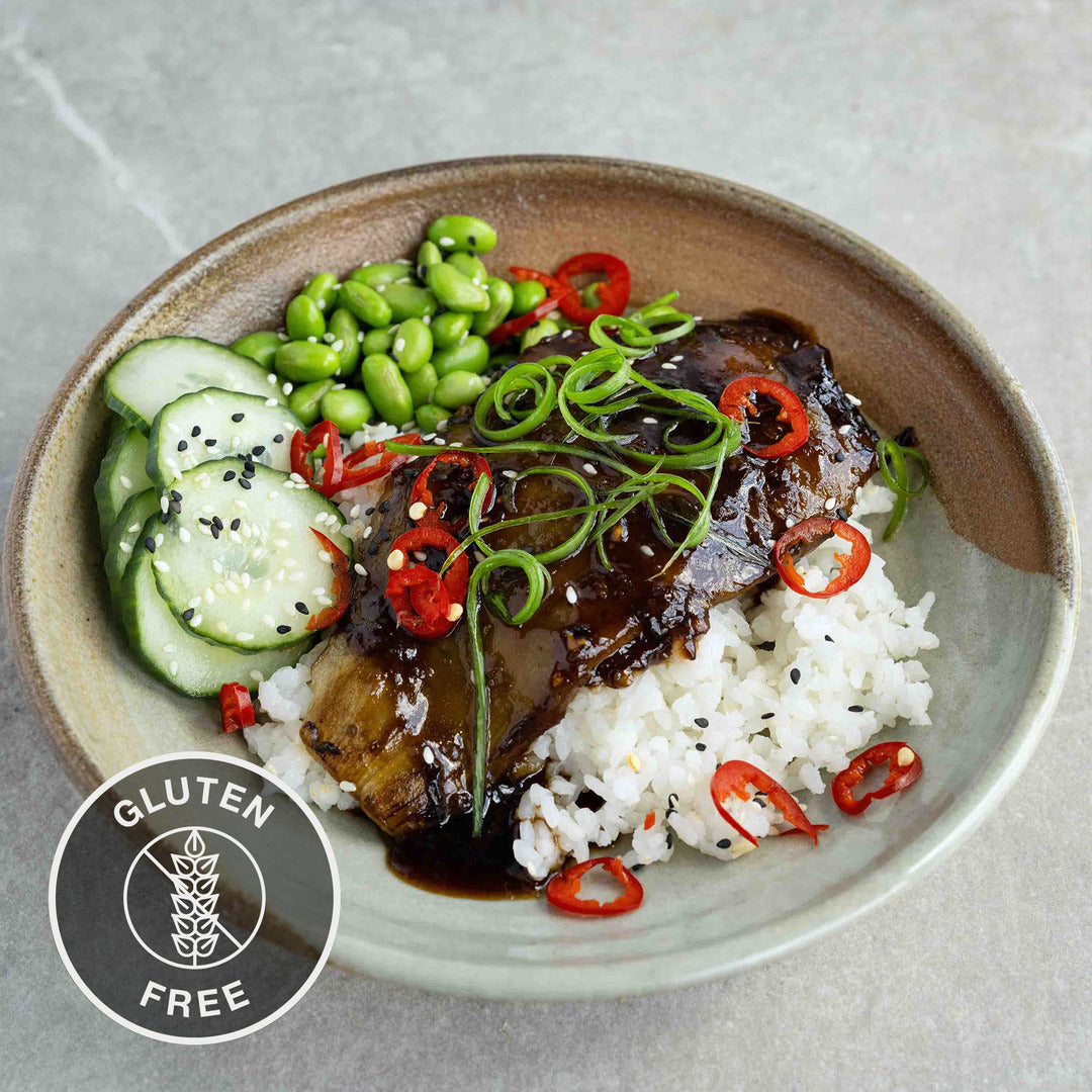 Aubergine 'Unagi' Donburi Bowl With Edamame, Sweet Cucumber Pickle, Spring Onion & Sesame Seeds