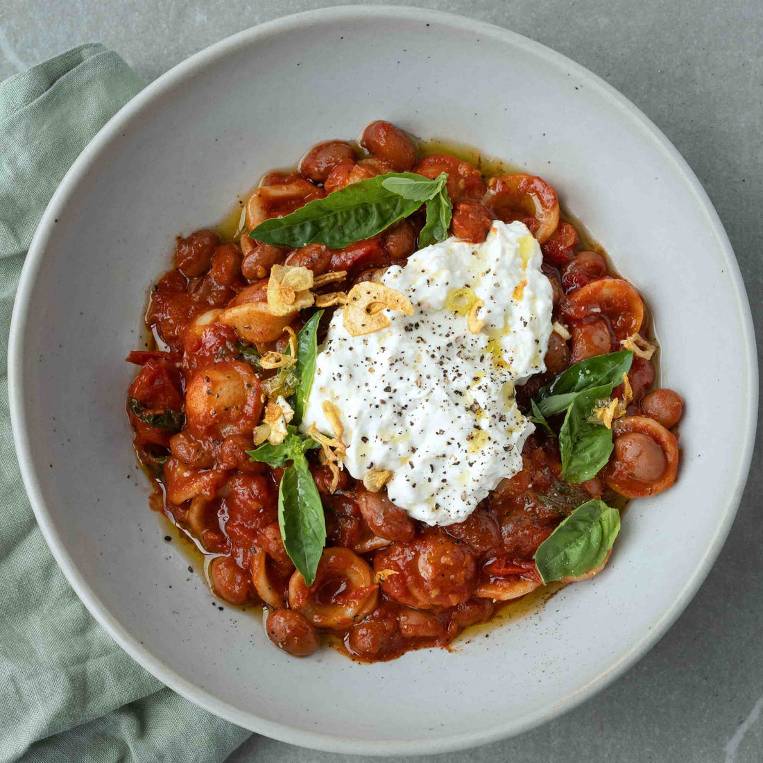 Blistered Cherry Tomato Orecchiette, With Borlotti, Creamy 'Burrata', Crispy Garlic & Fresh Basil