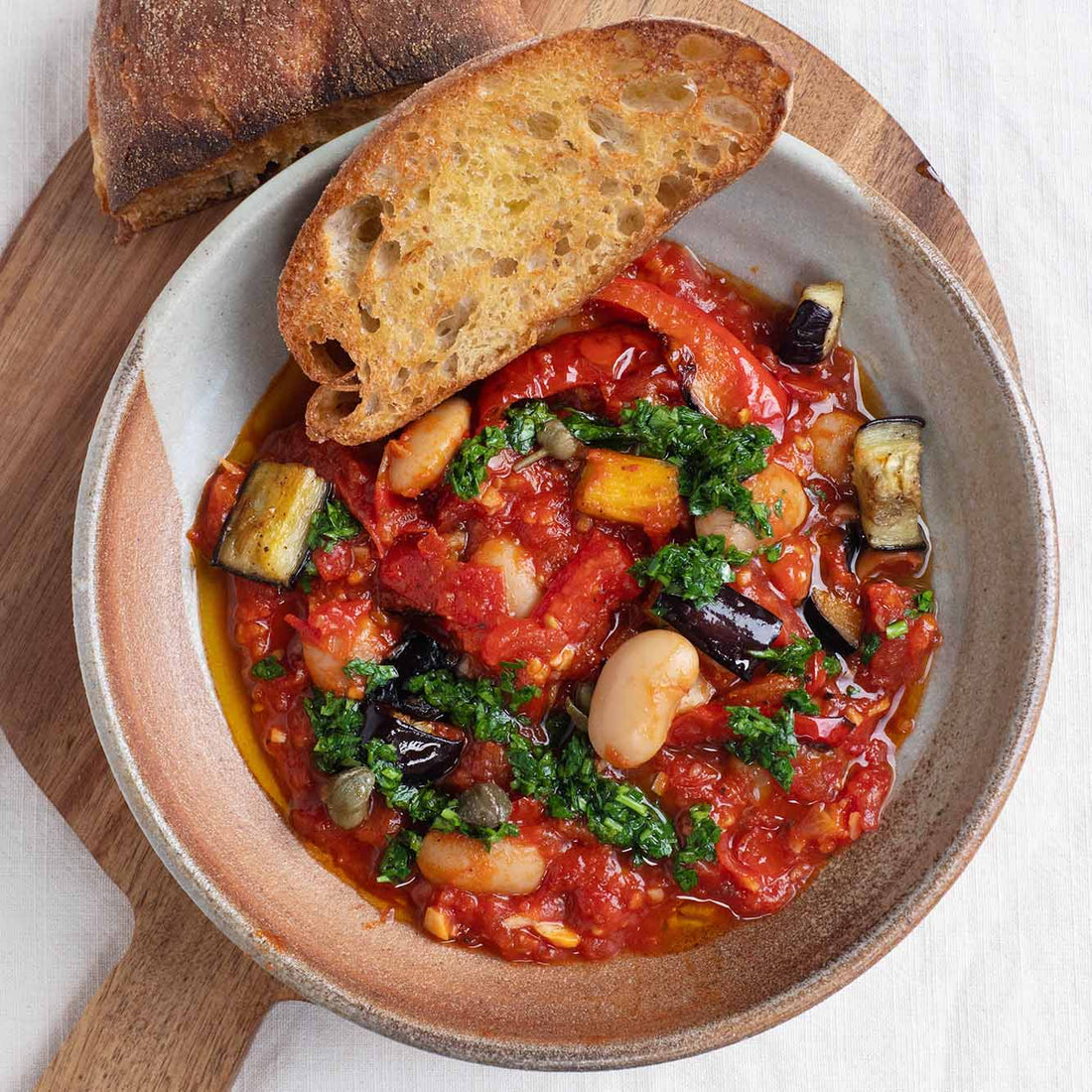 Butter Bean Caponata With Roasted Peppers & Aubergine, Salsa Verde & Warm Ciabatta