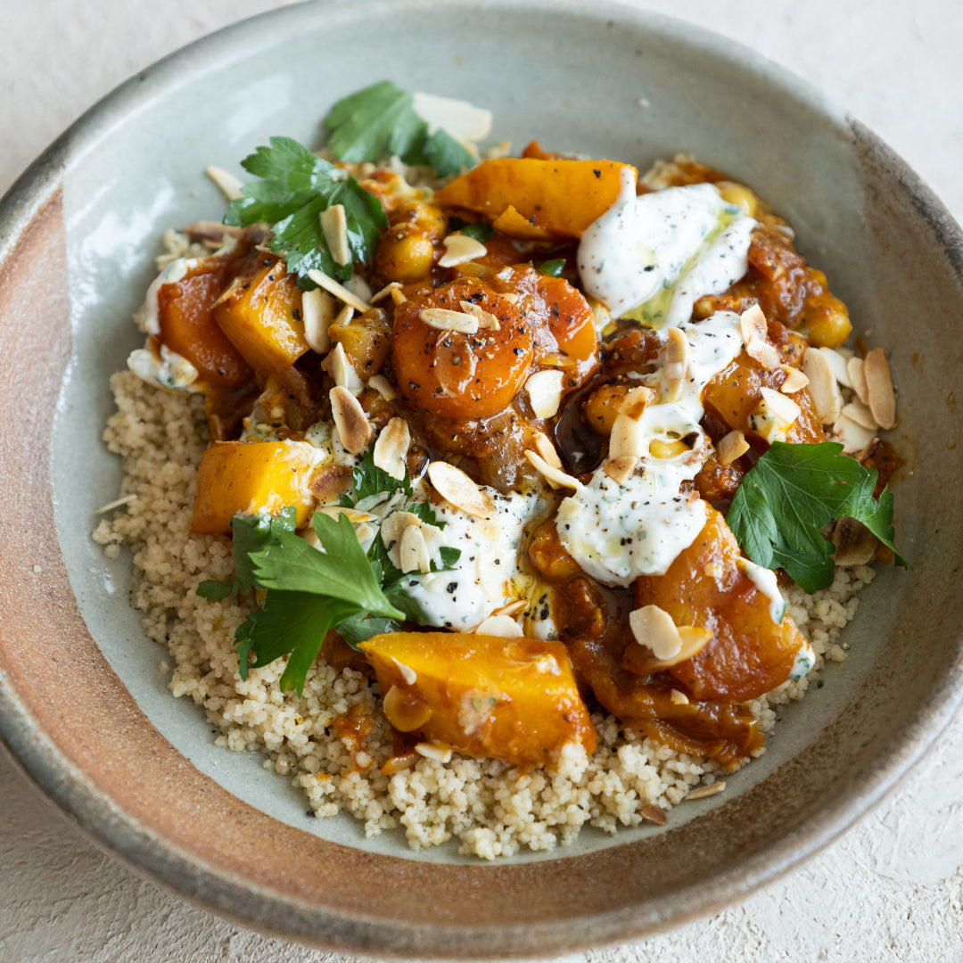 Butternut Squash, Apricot & Chickpea Tagine With Toasted Almonds, Lemon Yoghurt, Fresh Parsley & Wholewheat Cous Cous