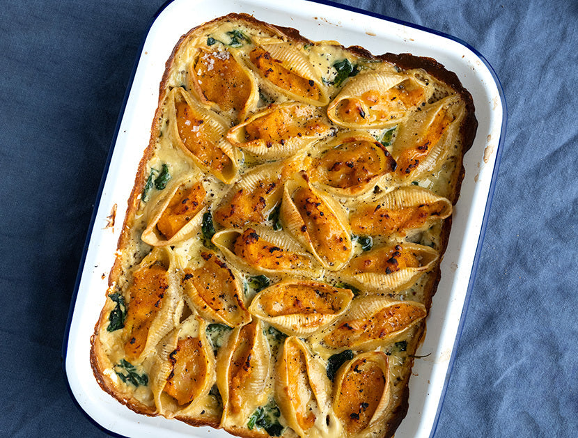 Butternut Squash & Sage Stuffed Conchiglioni Pasta Shells In Creamy Garlic & Spinach Sauce