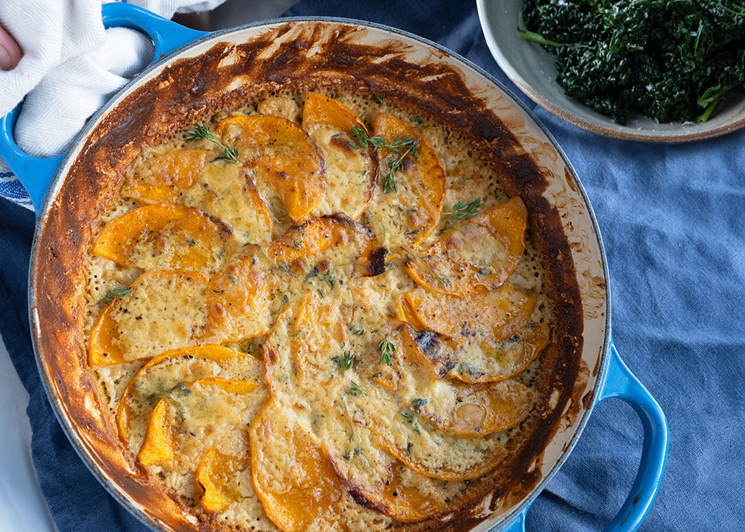Butternut Squash & White Bean Gratin In Rich & Creamy Cashew, White Wine & Mustard Sauce With Cavolo Nero