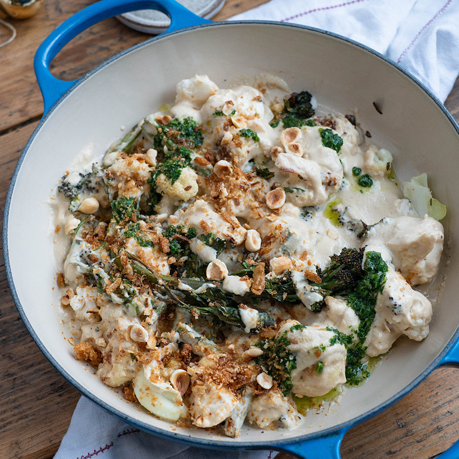 Cauliflower & Broccoli 'Cheese' With Golden Garlic Hazelnut Breadcrumbs and Herby Gremolata Dressing