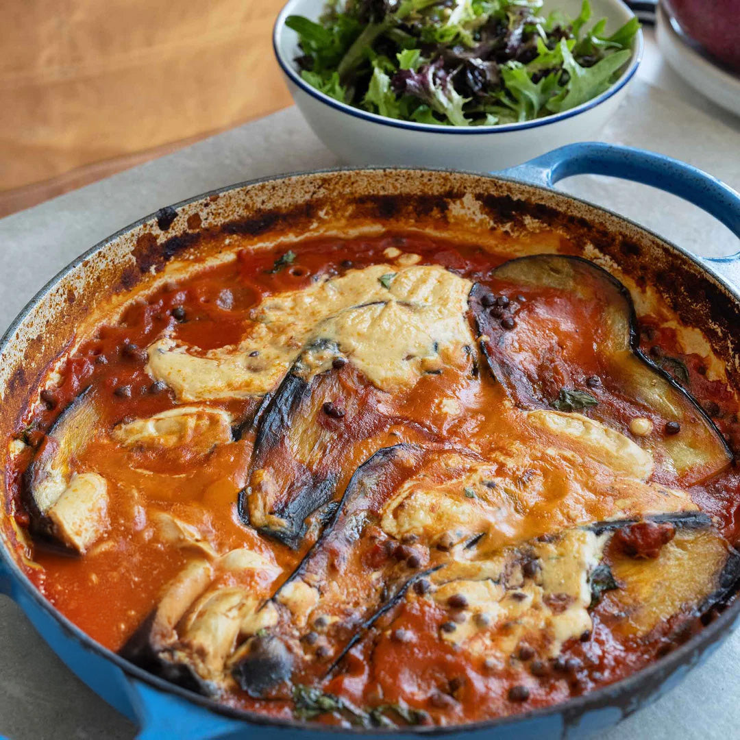 Cheats Aubergine & Lentil Parmigiana With Creamy Miso Bechamel & Seasonal Salad Tossed In Vinaigrette