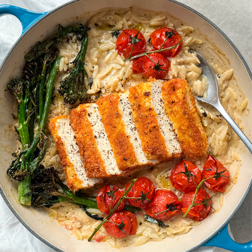 Creamy Orzo Al Limone With Crispy Panko Tofu, Roasted Cherry Tomatoes & Tenderstem Broccoli