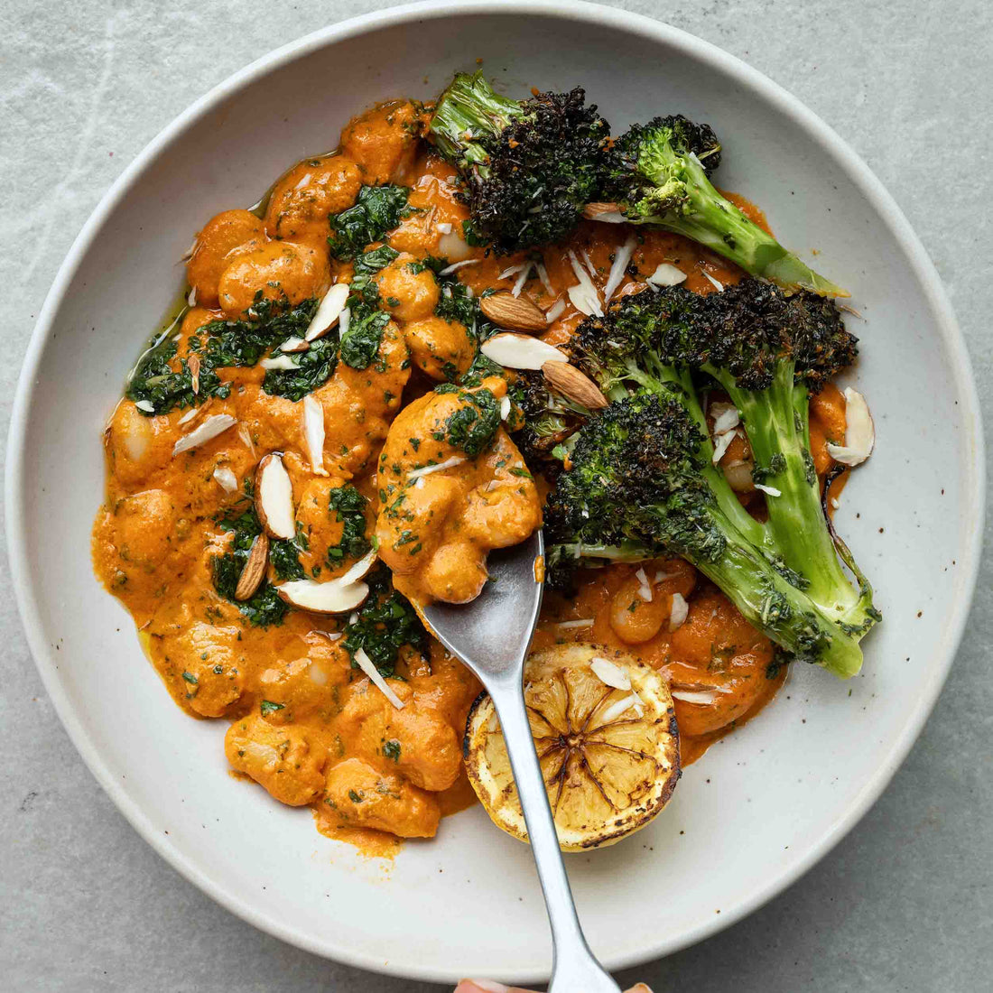 Creamy Romesco Butter Beans With Lemon Charred Broccoli, Mint Pesto & Crushed Toasted Almonds