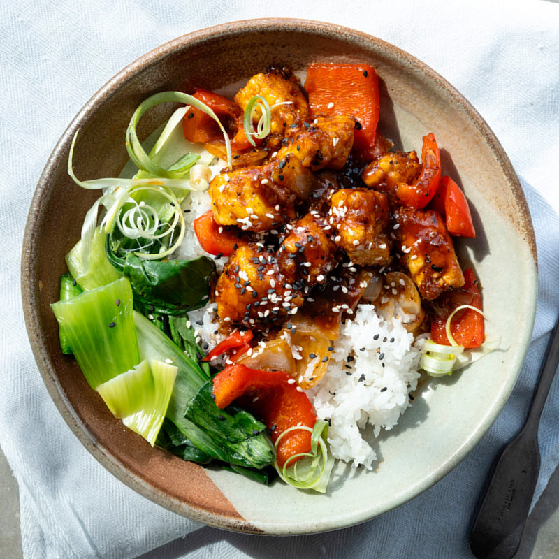 Crispy Black Pepper Tofu With Stir Fried Vegetables, Sticky Coconut Rice, Pak Choi & Sesame Seeds