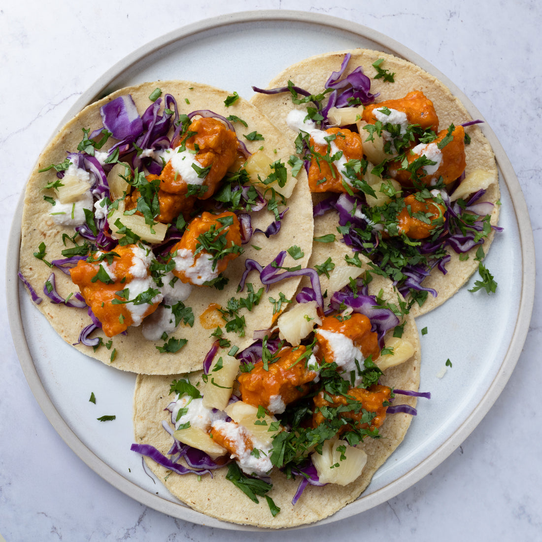 Crispy Buffalo Tofu Tacos With Cooling Ranch Dressing, Shredded Cabbage & Juicy Pineapple