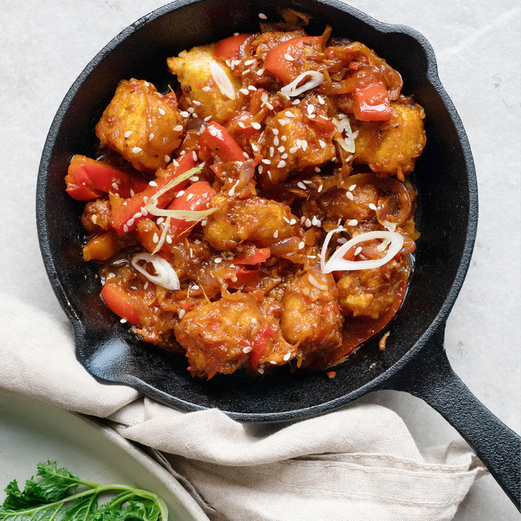 Crispy Chilli Tofu Tossed in Spring Onions & Sesame Seeds, With Sticky Jasmine Rice & Seasonal Greens