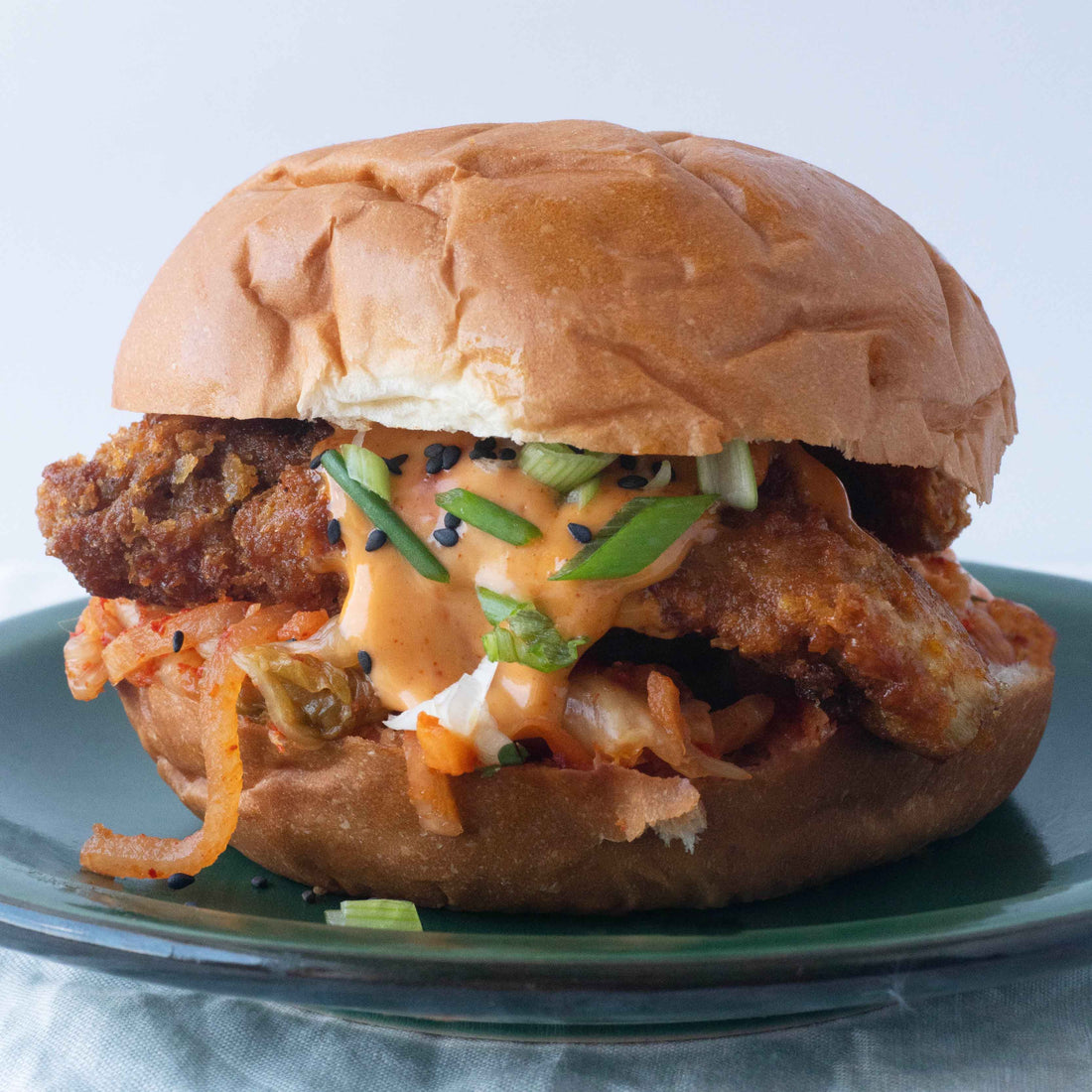 Crispy Korean Oyster Mushroom Burger With Kimchi & Gochujang Mayo On Soft Vegan Brioche