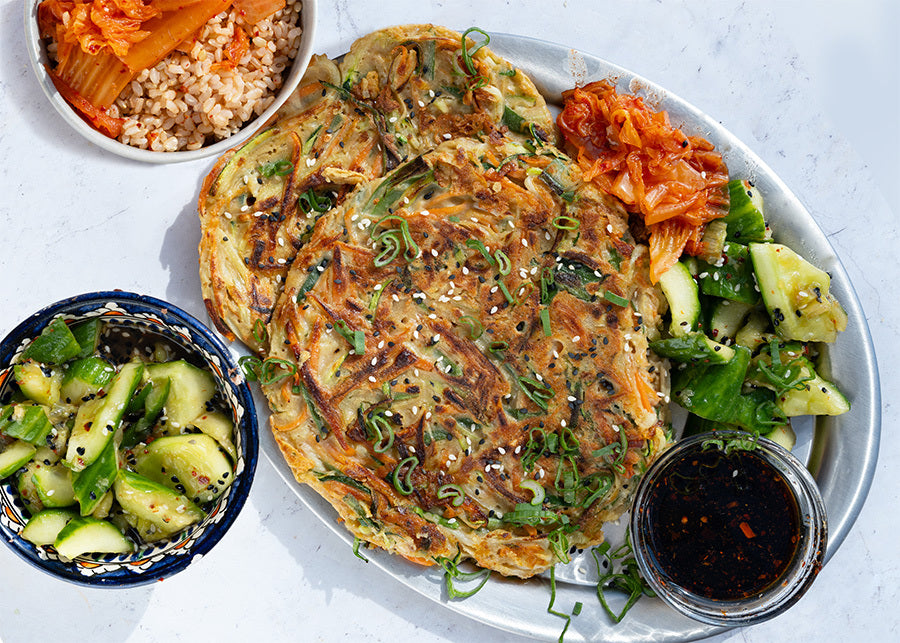 Crispy Korean Pancakes With Mixed Vegetables, Dipping Sauce, Smacked Cucumber & Kimchi Brown Rice