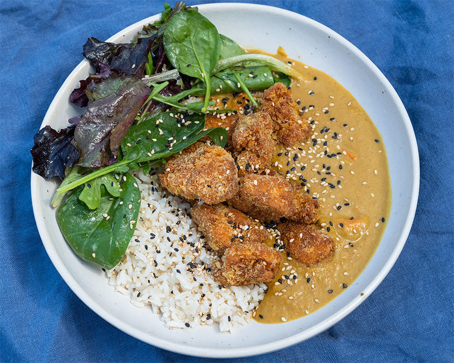 Crispy Tofu Katsu Nuggets With Brown Rice & Seasonal Mixed Leaves In Sweet Miso Dressing