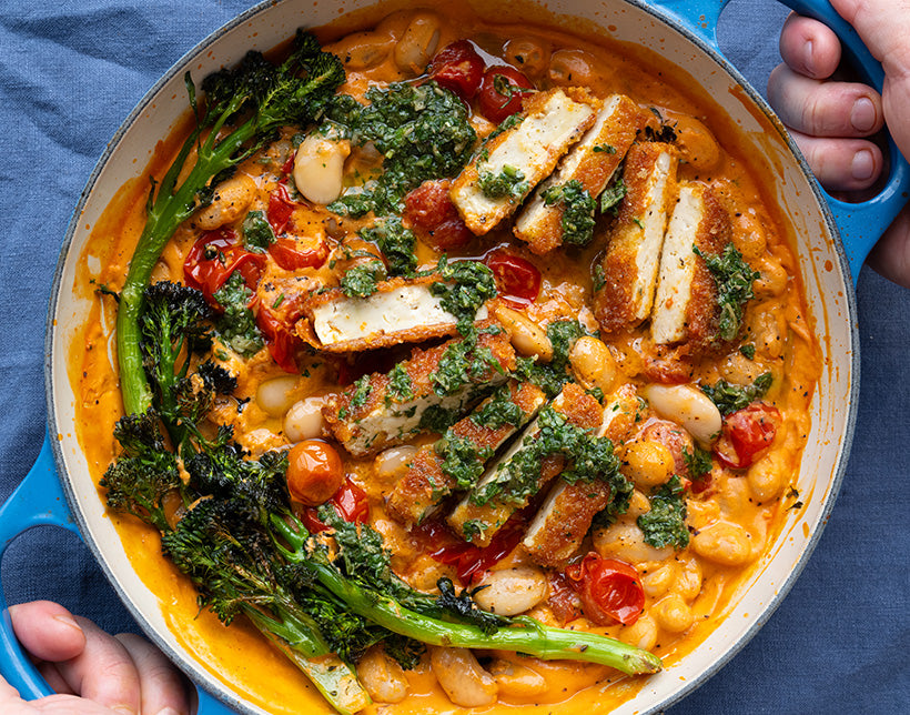 Crispy Tofu 'Parm' Over Creamy Tomato Beans With Garlic Basil Gremolata, Roasted Tenderstem Broccoli & Cherry Tomatoes