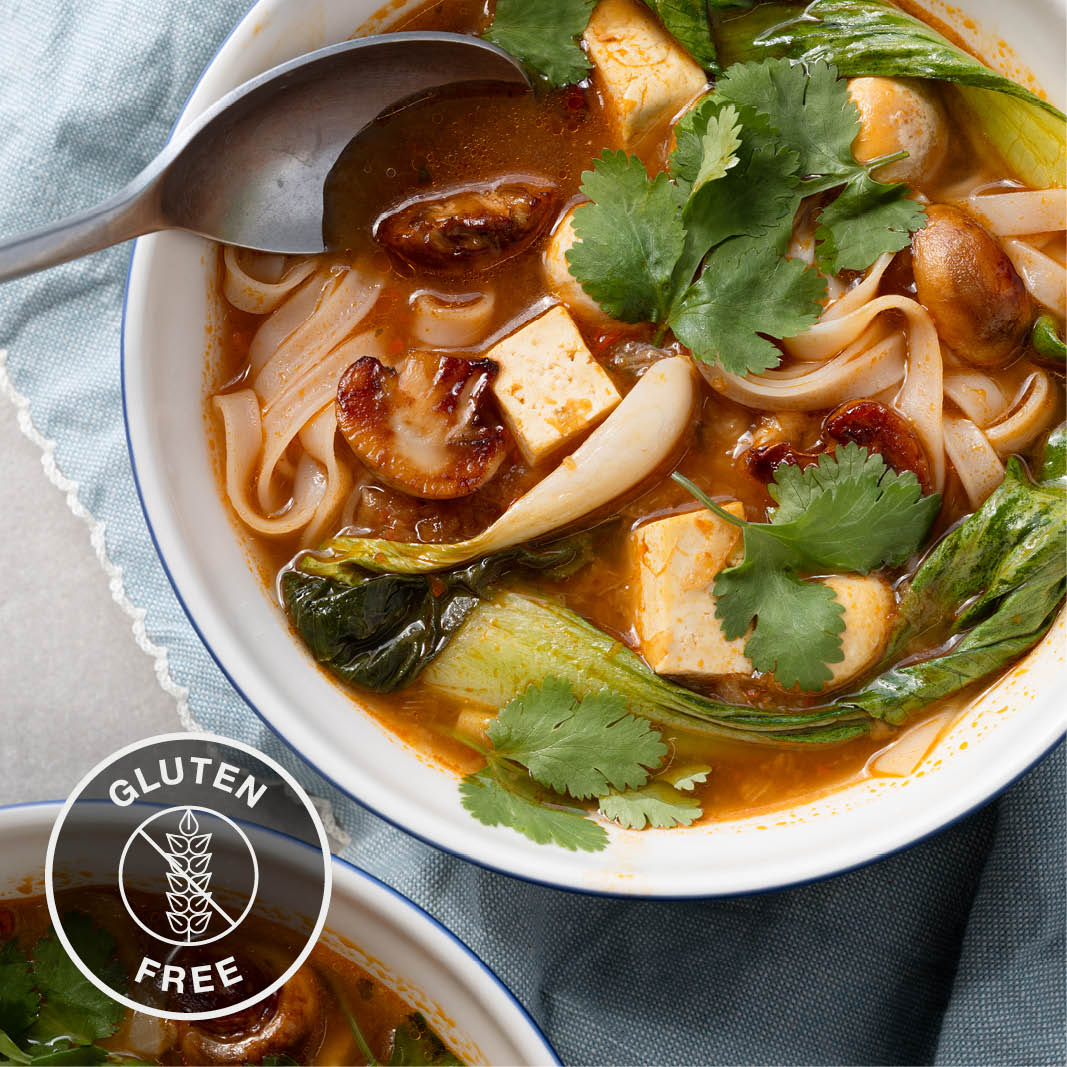 Fragrant Thai Tom Yum Noodle Soup With Tofu, Pak Choi, Button Mushrooms, Coriander & Lime