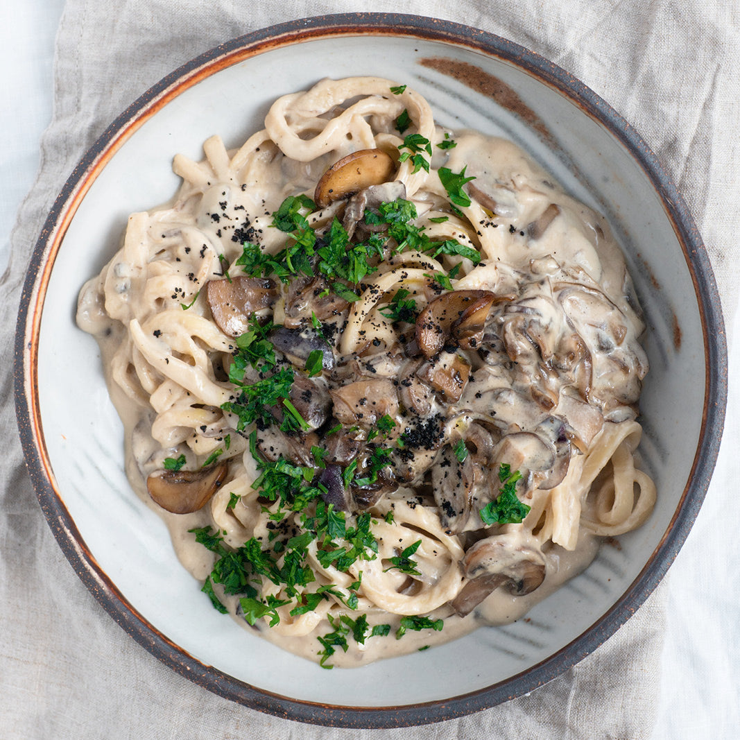 Freshly Made Tagliolini With Creamy Garlic & Mushroom Sauce & Fresh Parsley