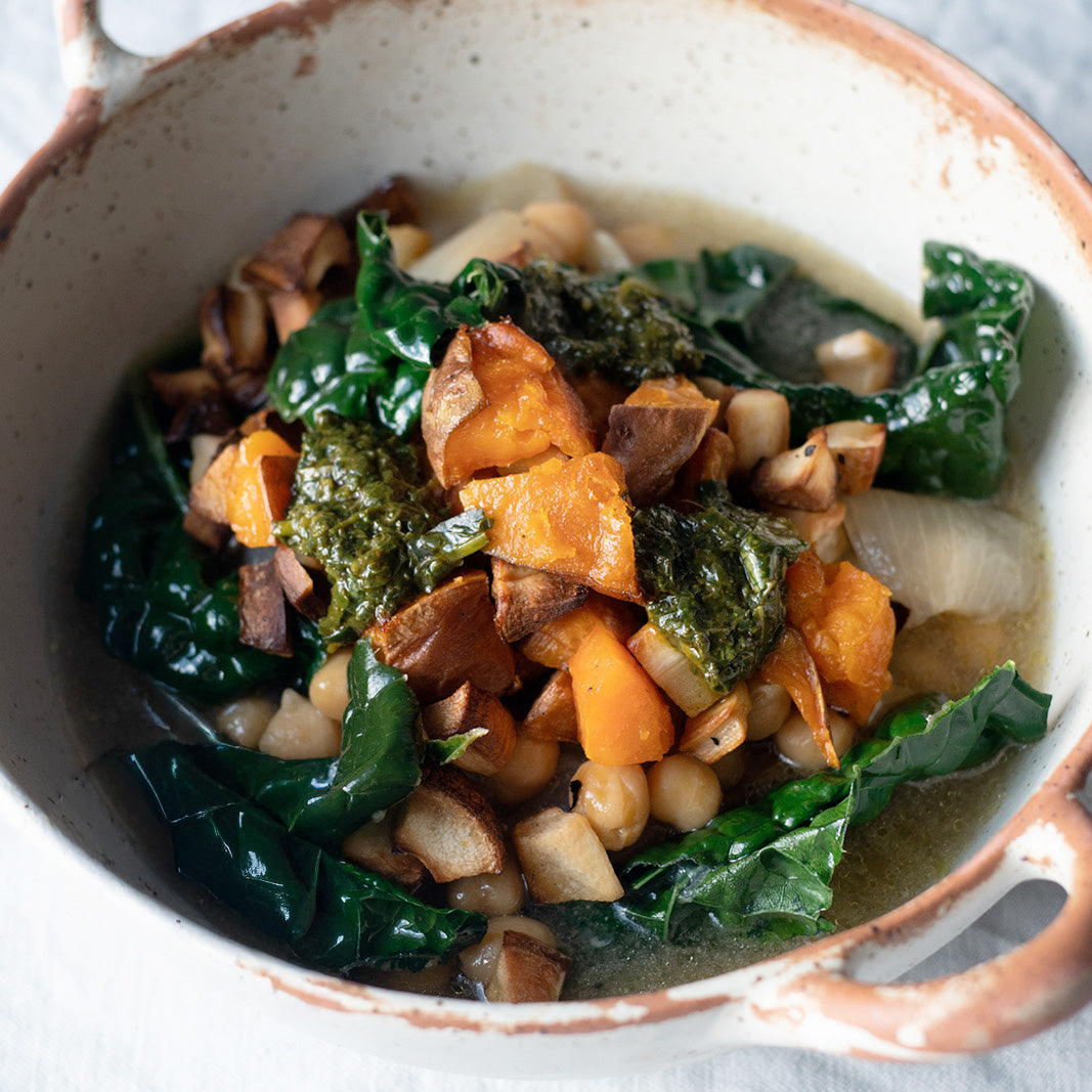 Gut-Friendly Lemon & Chickpea Broth With Crispy Parsnip & Sweet Potato, Cavolo Nero & Salsa Verde