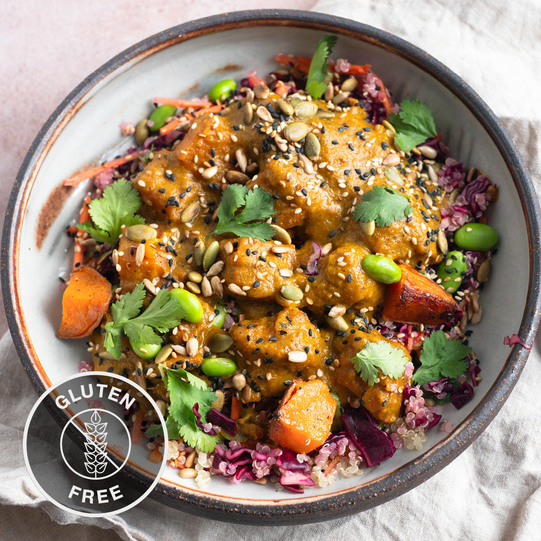Gut-Friendly Sweet Potato Katsu Curry Over Quinoa & Lime Pickled Slaw, With Omega 3 Seed Mix