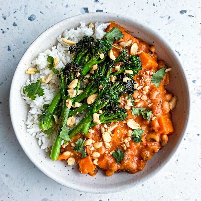 Gut-Friendly West African Inspired Peanut Stew With Black Eyed Peas, Sweet Potato & Tenderstem Broccoli