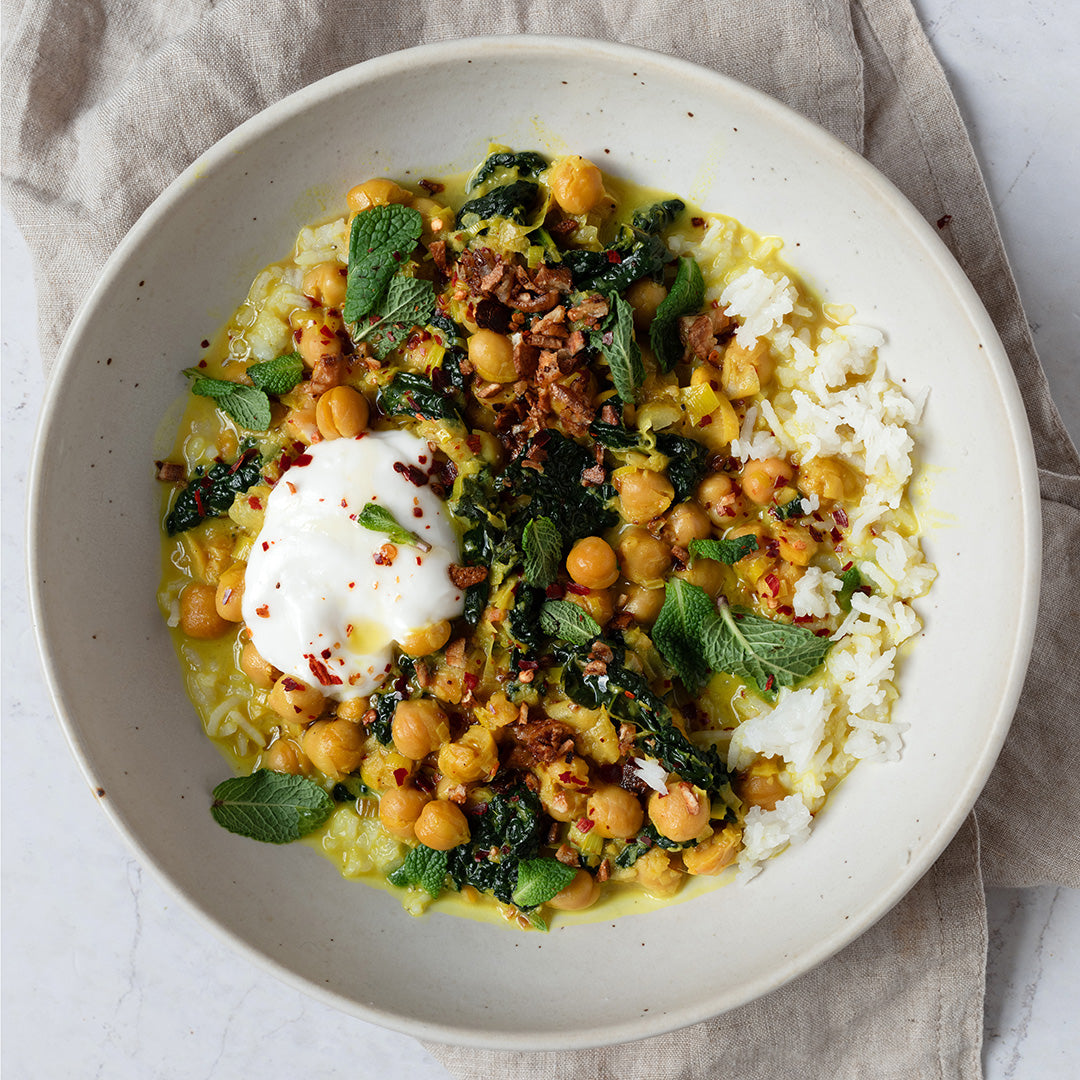 Healing Turmeric, Lemon & Ginger Chickpea Stew With Cavolo Nero, Coconut Yoghurt & Chilli Garlic Crunch