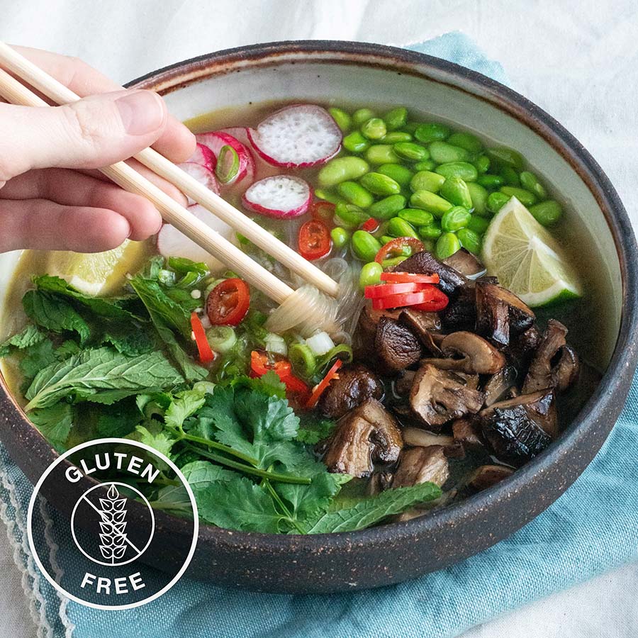 Healing Vietnamese Pho With Radish, Edamame, Rice Noodles, Fresh Herbs, Chilli & Lime
