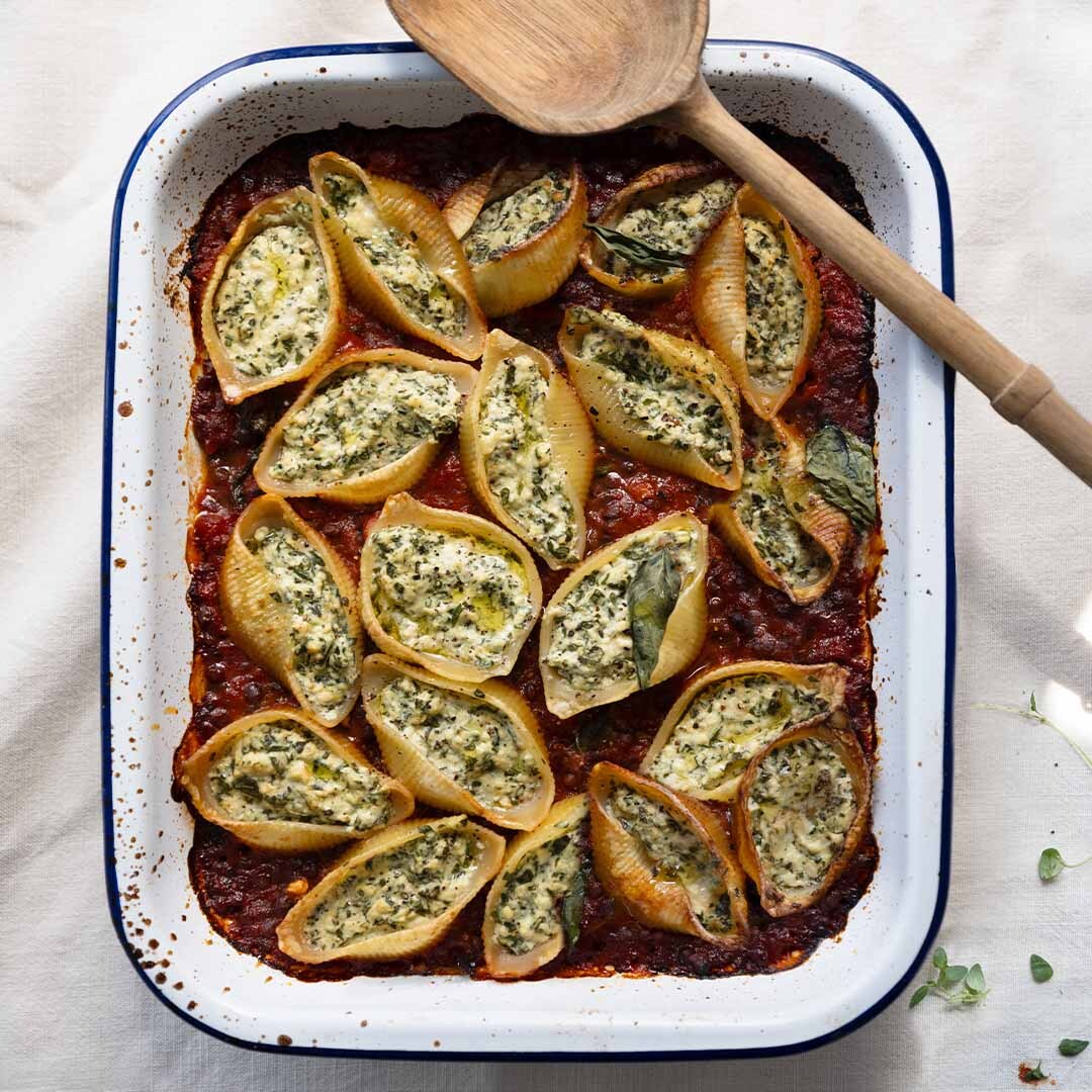 High Protein Conchiglioni Pasta Shells Stuffed With Lemon Garlic Spinach 'Ricotta' In Rich Tomato Lentil Sauce