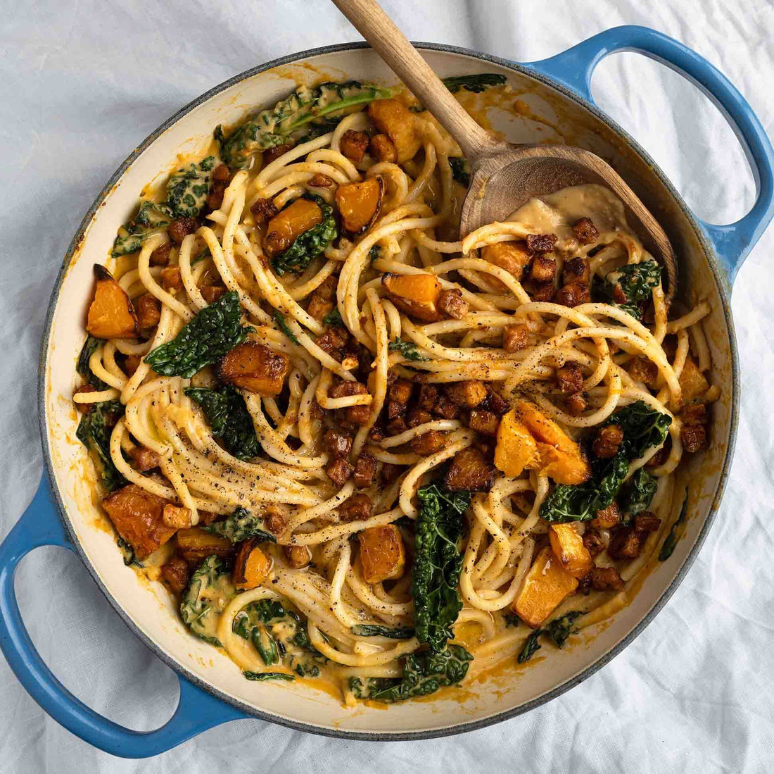 High Protein Creamy Squash Bucatini With Wilted Cavolo Nero & Crispy Tempeh 'Pancetta'