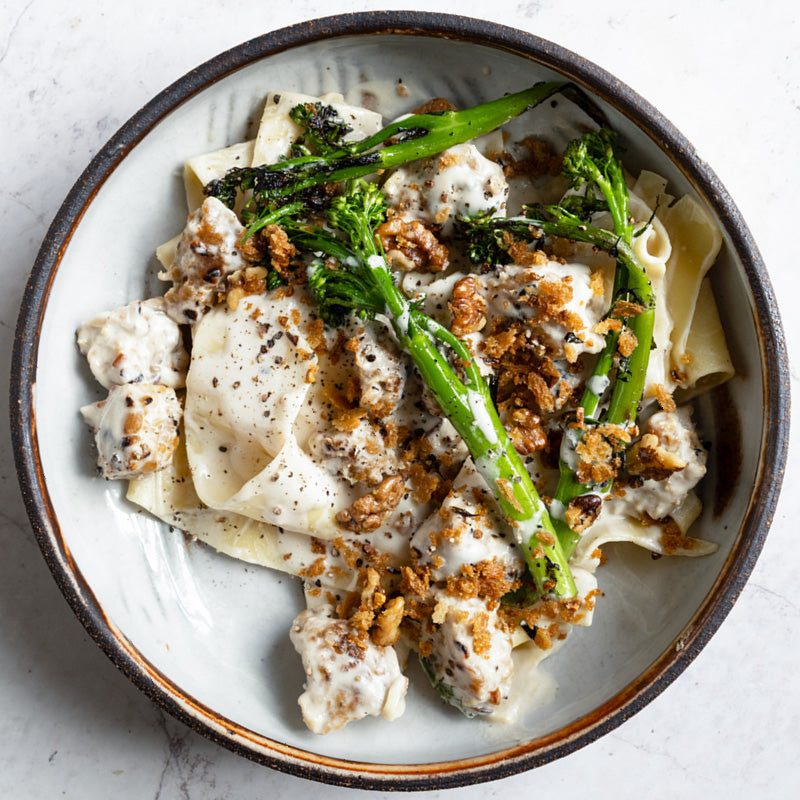 High Protein Tempeh Sausage & Broccoli Pasta In Creamy Garlic Sauce With Toasted Walnut Pangrattato
