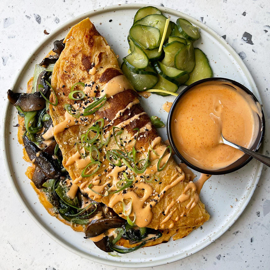 Kimchi Pancakes With Sticky Soy Portobellos, Gochujang Mayo & Pickled Cucumbers