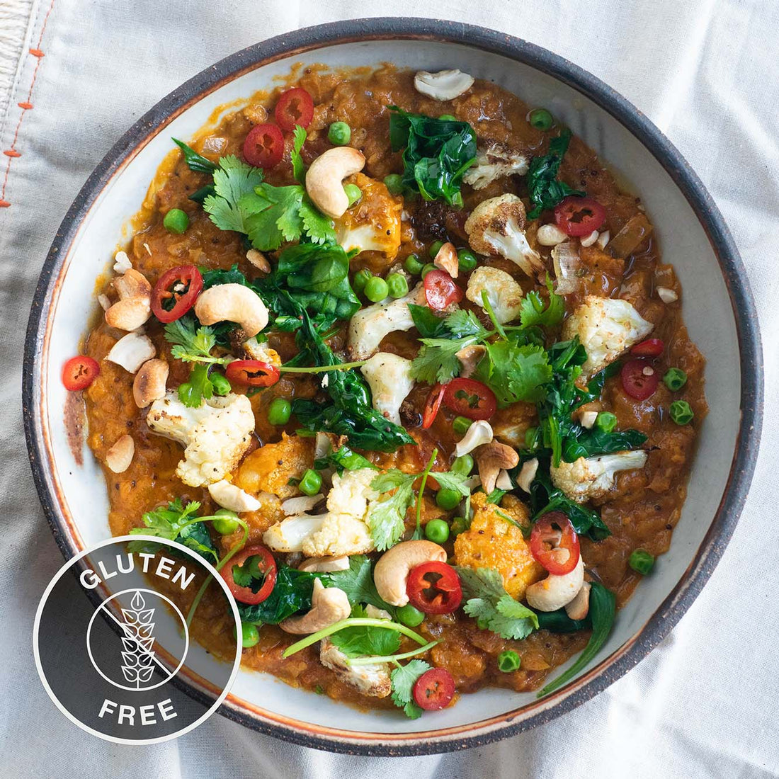 Mango Cauliflower Curry With Cashews, Garden Peas, Coriander and Fluffy Basmati Rice