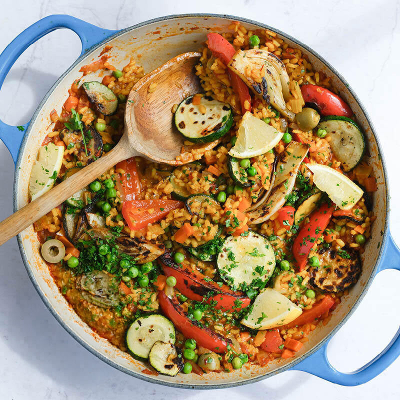 Mixed Vegetable Paella With Courgette, Red Pepper, Fennel, Garden Peas, Fresh Parsley & Lemon
