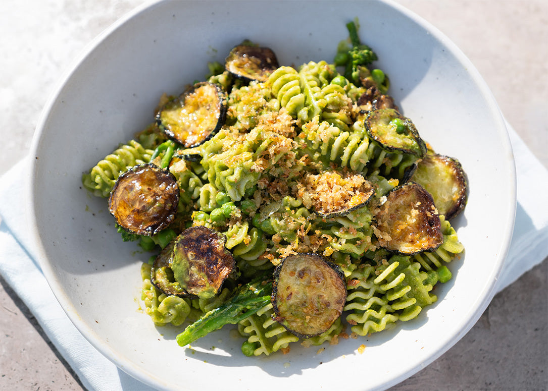Pasta Alla Nerano With Regenerative Spelt Radiatori, Crispy Courgette, Peas, Tenderstem & Lemon Garlic Breadcrumbs