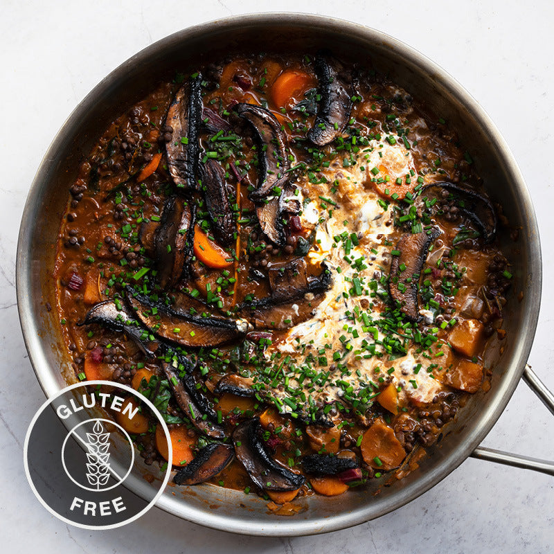 Porcini, Lentil & Red Wine Stew With Swede, Portobello Mushrooms, Rainbow Chard, Lemon Cream & Chives