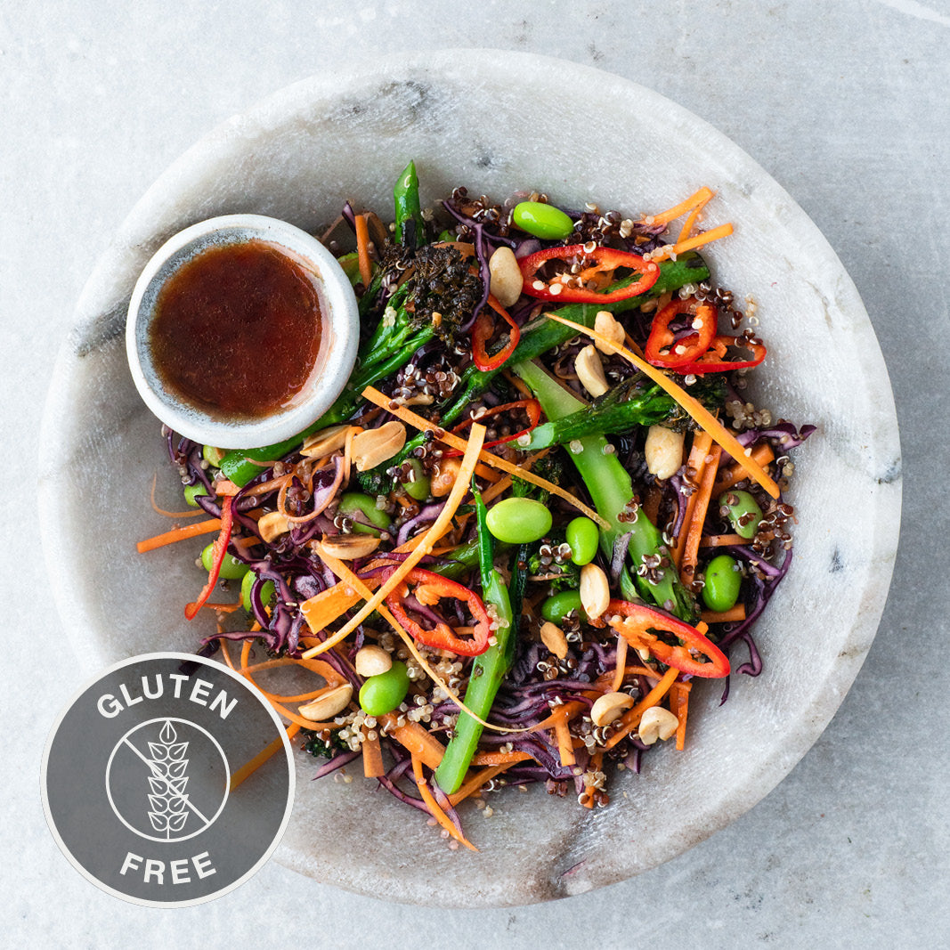 Raw Thai Citrus Crunch Salad With Purple Sprouting Broccoli, Toasted Peanuts & Ginger Sesame Dressing
