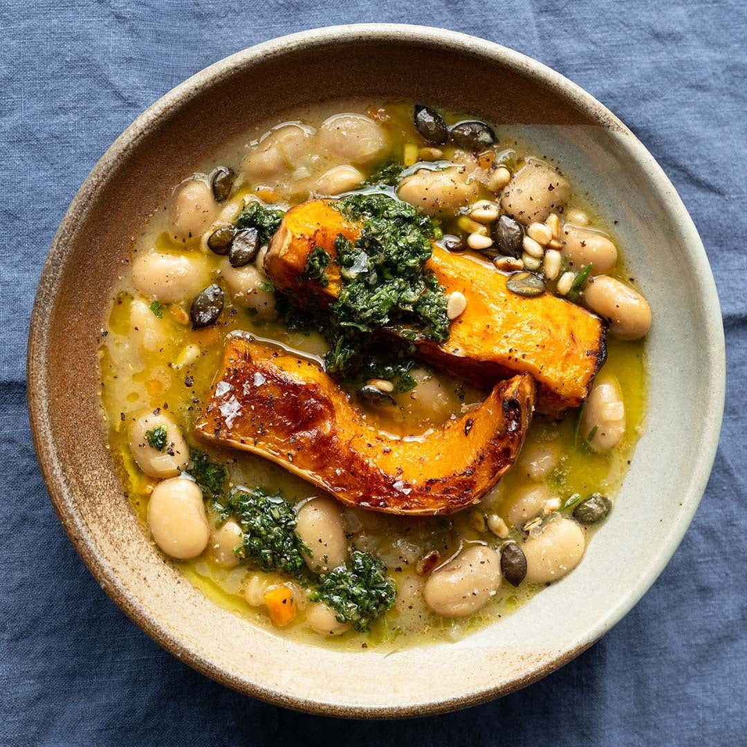 Rich & Creamy Brothy Butter Beans With Roasted Squash, Salsa Verde, Toasted Pine Nuts & Pumpkin Seeds