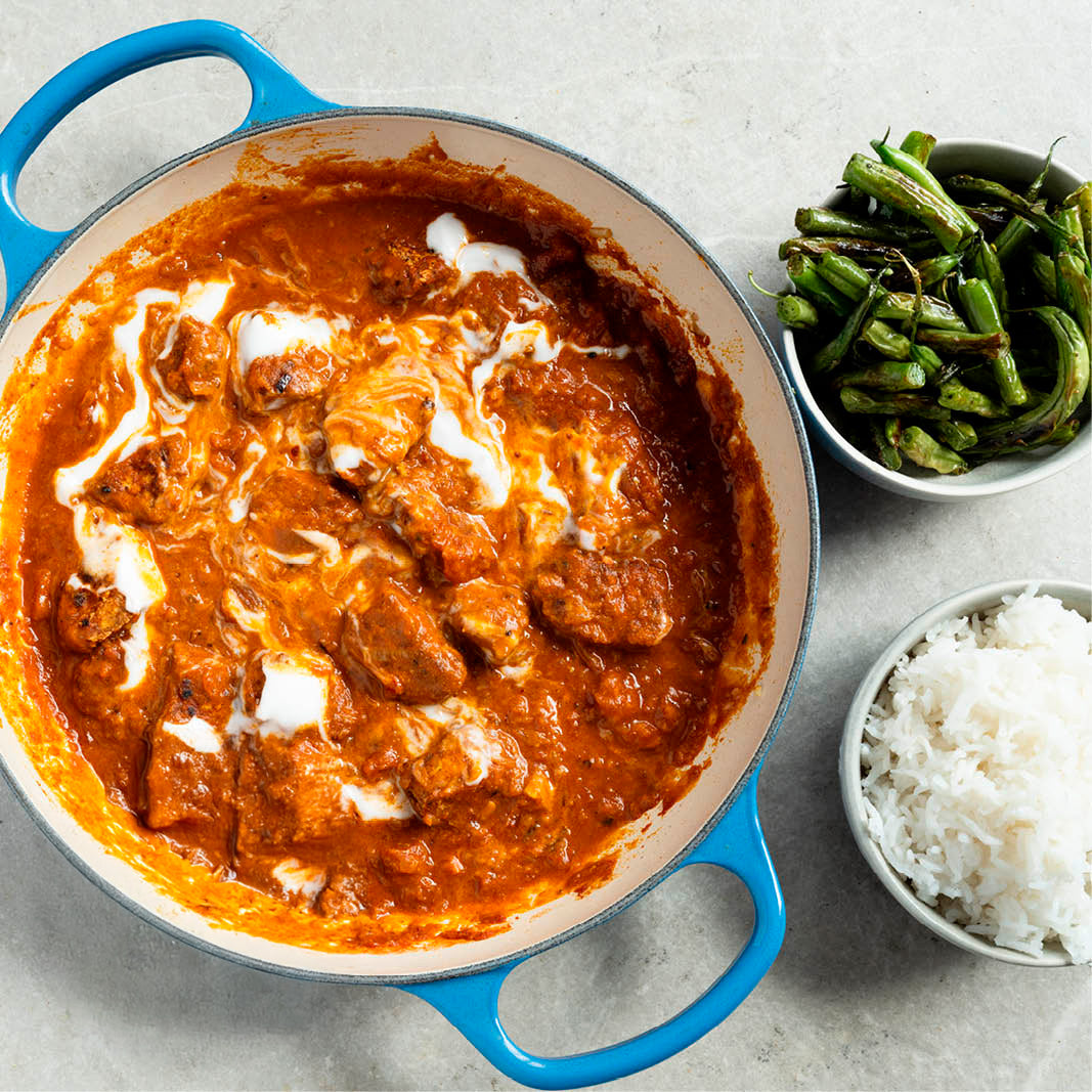 Rich & Creamy Tofu Tikka Masala With Blistered Green Beans, Coconut Yoghurt & Fluffy Basmati Rice
