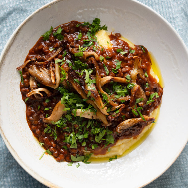 Rich Porcini & Red Wine Lentil Ragu Over Creamy Mash With Crispy Oyster Mushrooms