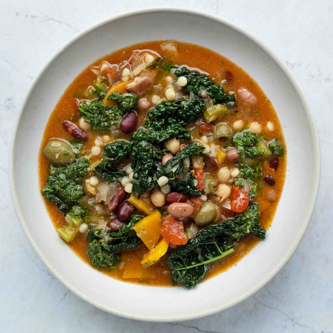 Sardinian Longevity Minestrone With Fregola, Organic Mixed Beans, Cavolo Nero & Salsa Verde Dressing
