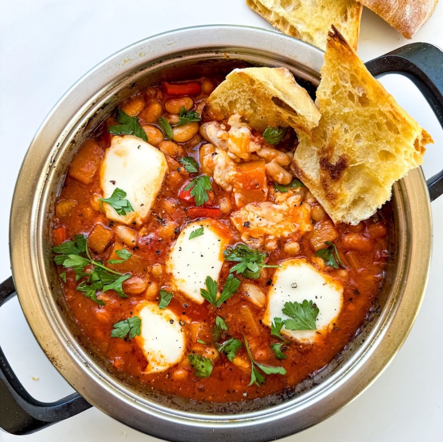Saucy Harissa & Squash Baked Beans With Melted 'Mozzarella' & Warm Dunking Ciabatta