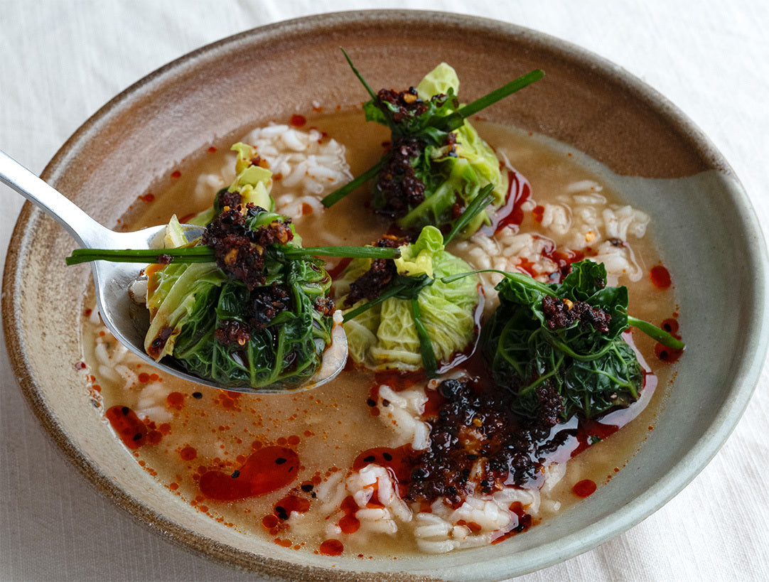 Savoy Cabbage Dumplings With Garlic Ginger Miso Brothy Rice & Umami Chilli Crisp Drizzle