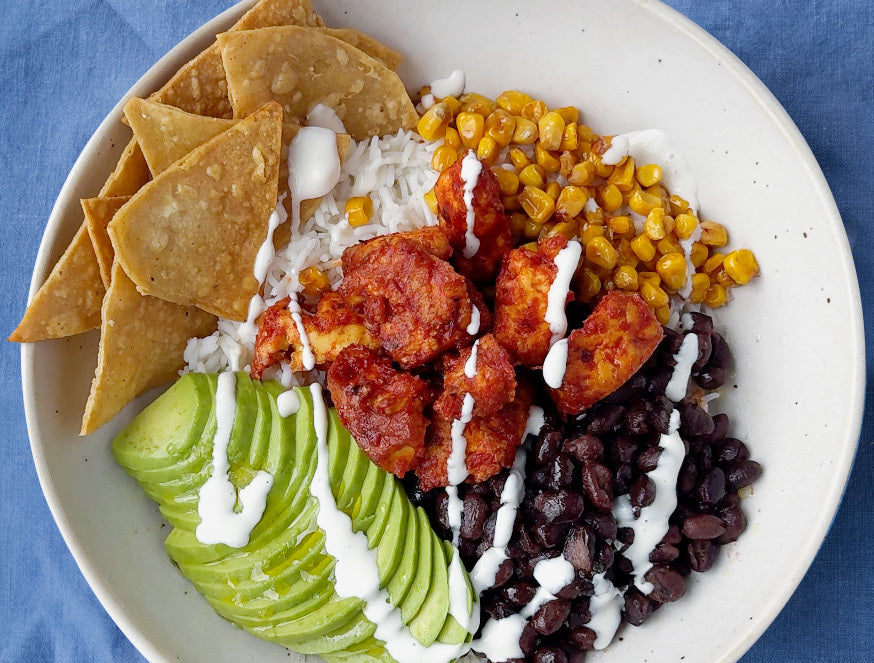 Smoked Tofu Chipotle Burrito Bowl With Black Beans, Avocado, Charred Corn & Crispy Tortillas