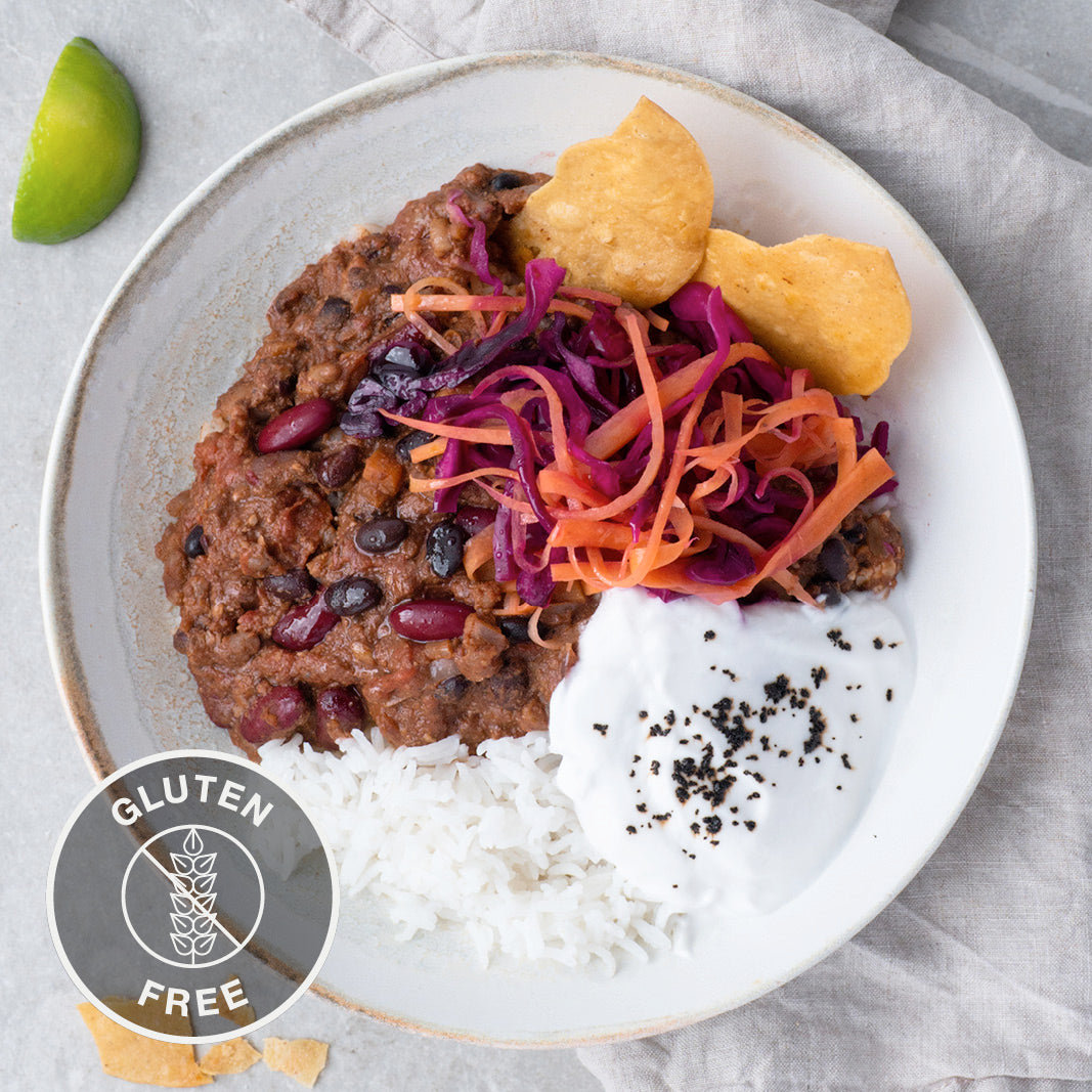 Smokey Black Bean Chilli With House Pickles, Coconut Yoghurt & Tostada Dippers