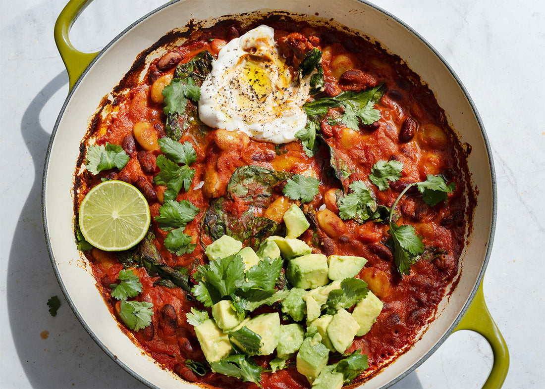 Smoky Spanish Beans In Roasted Pepper & Sun Dried Tomato Sauce, Organic Yoghurt, Avocado Salsa & Quinoa