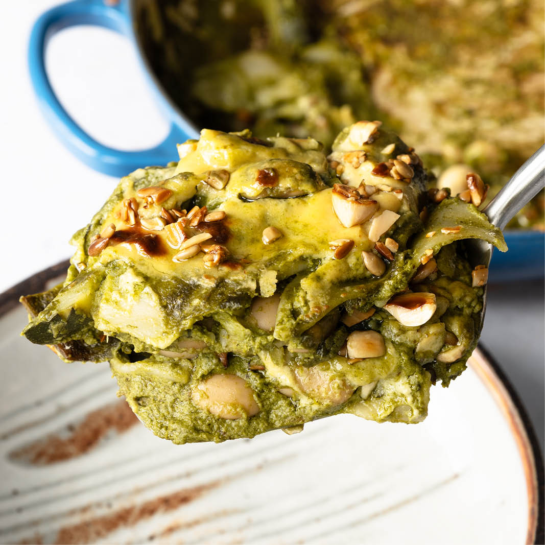 Super Green Cheats Lasagne With Courgette, Butter Beans, Miso Bechamel, Toasted Nuts & Seeds