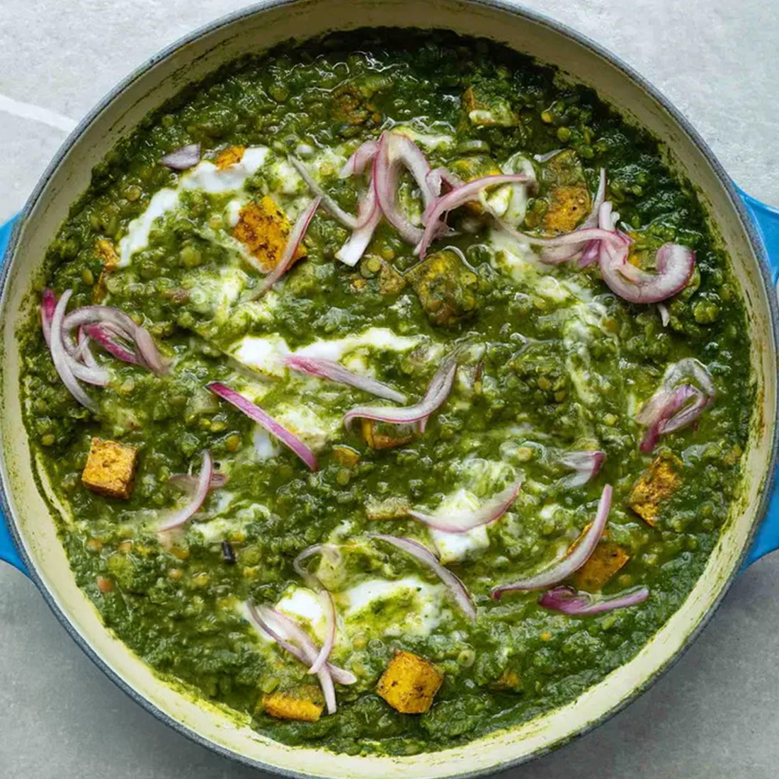 Super Green Saag Daal With Crispy Curry Spiced Tofu, Coconut Yoghurt, Pink Pickled Onion & Basmati Rice