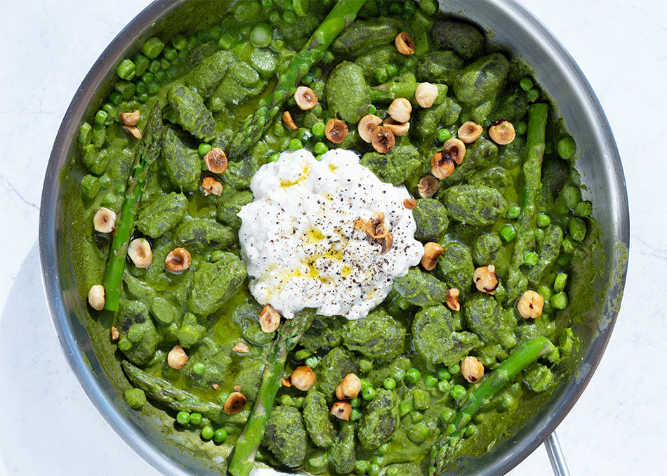 Super Green Spinach Gnocchi With Asparagus, 'Burrata' & Toasted Hazelnuts