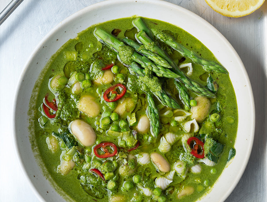 Super Green Spring Minestrone With Asparagus, Regenerative Spelt Conchiglietti, & Wild Garlic Pesto