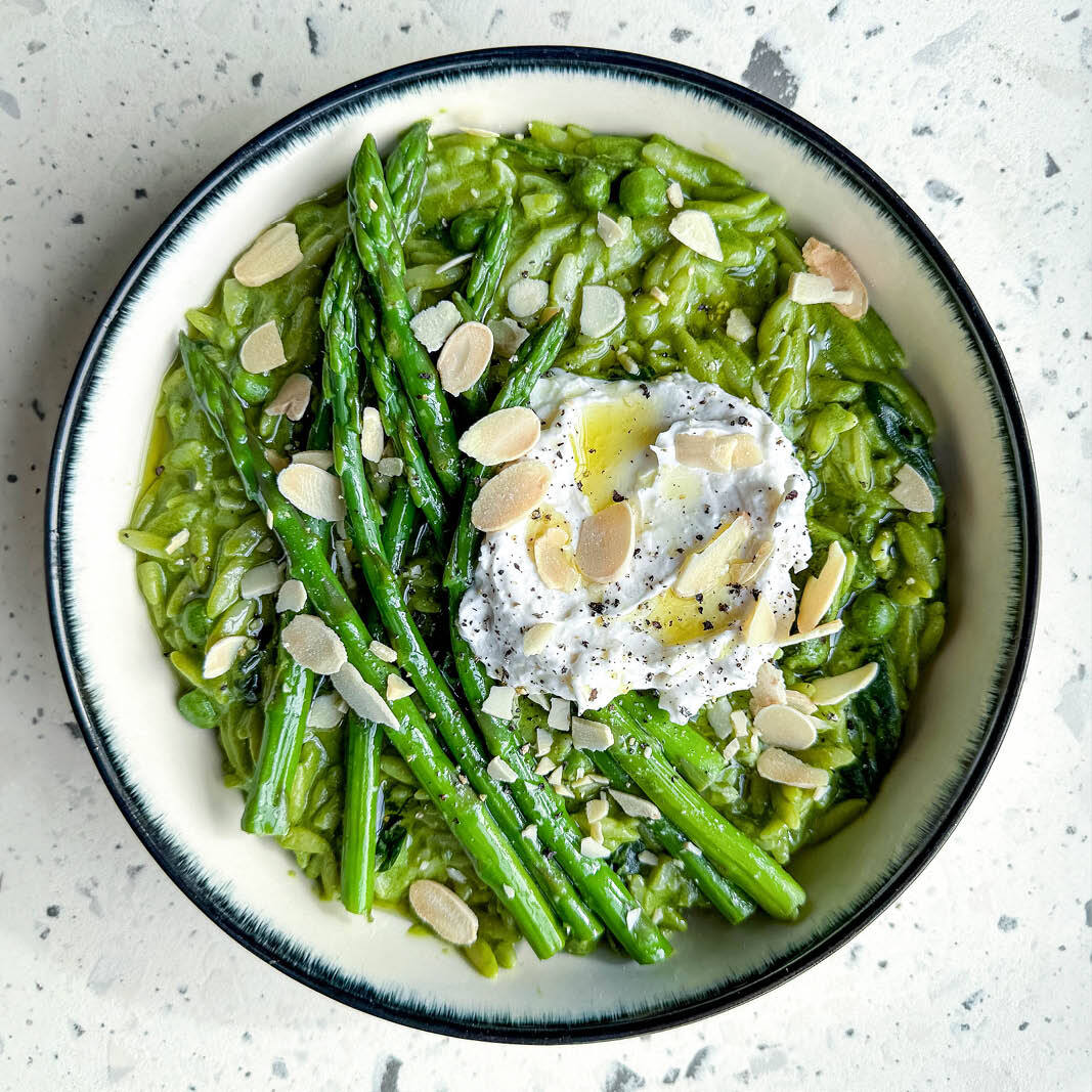 Super Green Spring Orzo With Peas, Asparagus, Spinach, Creamy Cashew 'Labneh' & Toasted Almonds