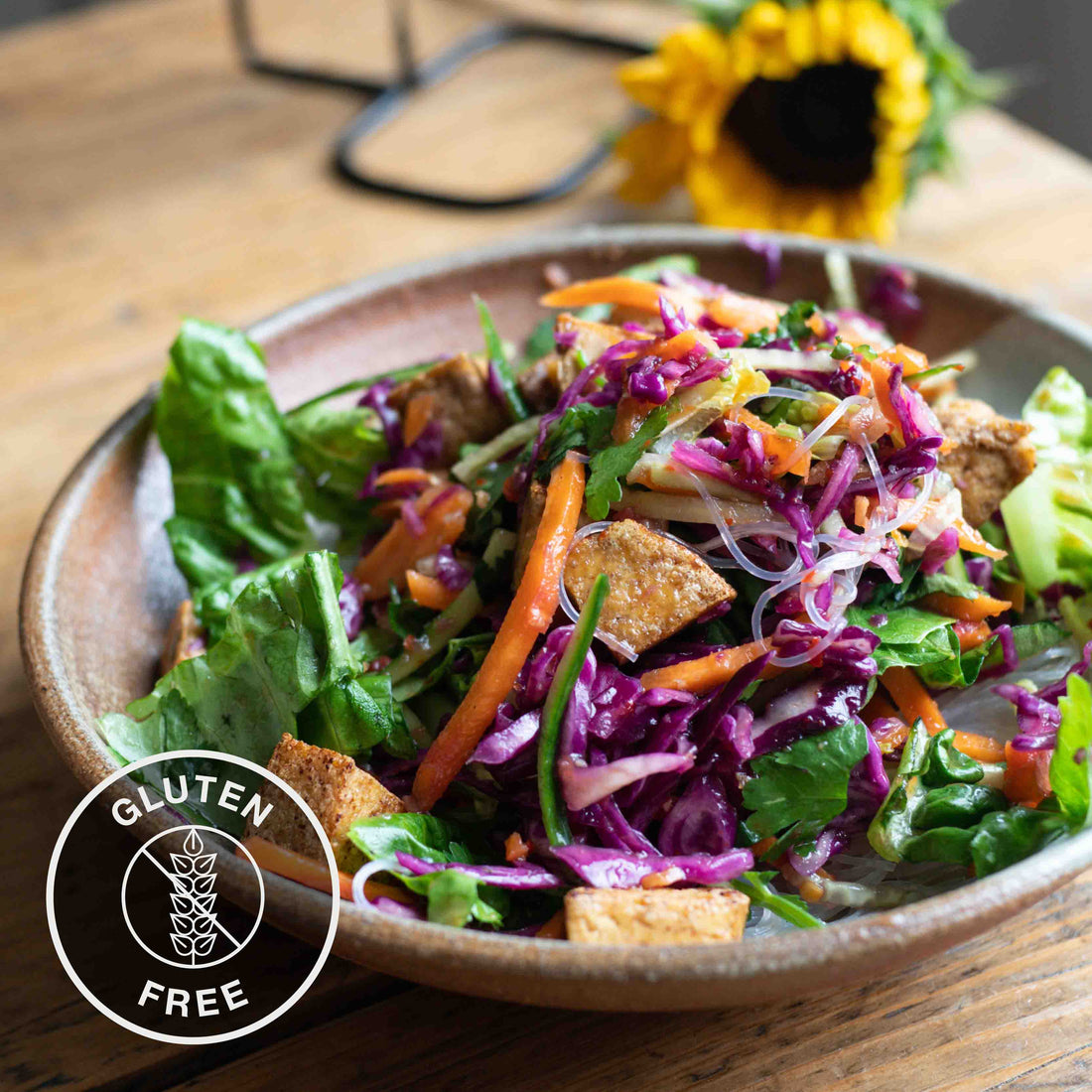 Sweet Chilli Noodle Salad With Crispy Tofu, Julienned Vegetables & Baby Gem