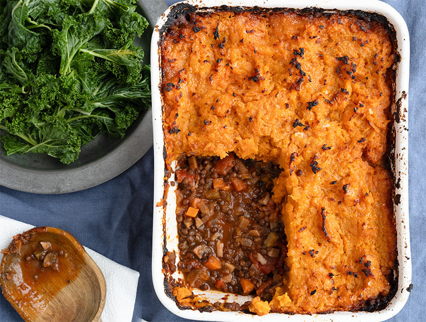 Sweet Potato Shepherds Pie With Rich Mushroom Lentil Red Wine Ragu & Wilted Green Kale